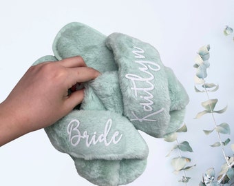 Personalized Cozy Fur Slippers, Bride to be Customized Fluffy Slippers, Custom Cross Slippers, Custom Name Slippers for Women, Sage Slippers