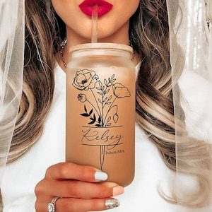 Personalized Future Mrs Glass Can Cup Floral, Custom Engagement Gift, Bridal Shower Gift, Bride To Be, Custom Name Tumbler, 16 oz Straw Lid