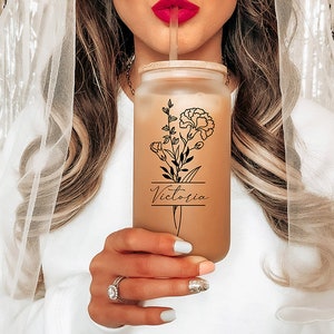 Birth Flower Personalized Glass Tumbler, Bridesmaid Gift Idea, Birthday ...