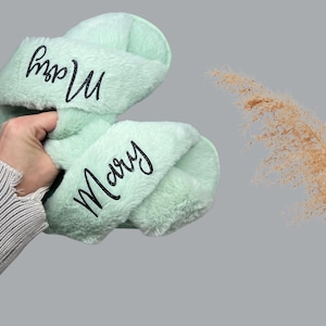 NEW! Personalized Fluffy Slippers for Bridesmaids, Flower Girl Slippers, Gift for Her, Bridesmaid Gift, Birthday Gift for Mom, Sage Slippers