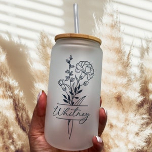 Birth Flower Personalized Glass Tumbler, Bridesmaid Gift Idea, Birthday Gift for Her, Bachelorette Party Tumbler, Bamboo Lid Iced Coffee Cup