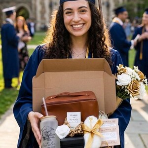 May include: A graduate in a navy blue cap and gown smiles, holding a gift box with a brown leather bag, a personalized glass, and a bouquet of white and gold flowers. The glass is inscribed with "Natalie" and "Class of 2024".