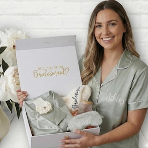 Sage Bridesmaid Proposal Gift Box, Pajamas, Mask, Scrunchie, Slippers, Tumbler