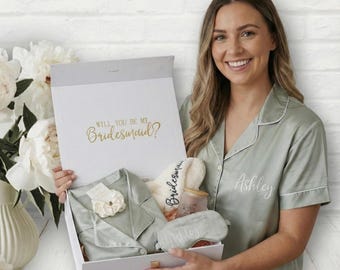 Sage Bridesmaid Proposal Gift Box, Pajamas, Mask, Scrunchie, Slippers, Tumbler