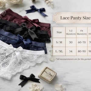 May include: Lace panties in white, navy, black, and burgundy, each with a satin bow. A size guide is included, with measurements in centimetres for waist, hip, and weight. A ring in a small box and flowers are also present.