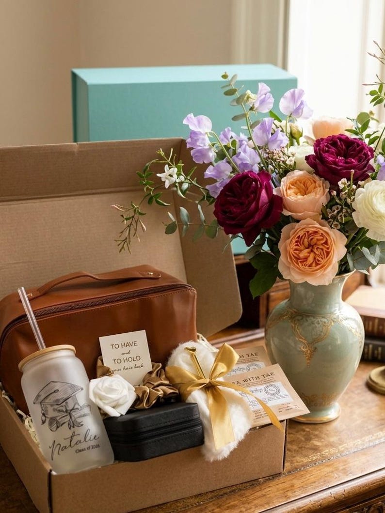 May include: A gift box containing a brown leather-look toiletry bag, a frosted glass tumbler with a graduation cap graphic and the name Natalie, a small black jewellery case, a white scrunchie with a gold ribbon, and a card reading To Have and To Hold.