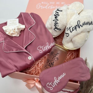 Bridesmaid Proposal Gift Box with Satin PJs, Sleep Mask, Scrunchies, Slippers & Glass Tumbler; Will You Be My Bridesmaid/Maid of Honor Gift