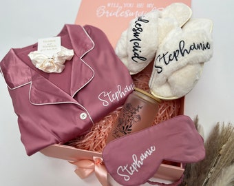 Bridesmaid Proposal Gift Box with Satin PJs, Sleep Mask, Scrunchies, Slippers & Glass Tumbler; Will You Be My Bridesmaid/Maid of Honor Gift