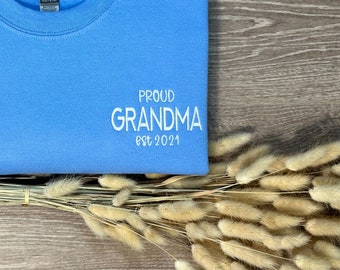 Custom Embroidered Proud Grandma and Grandpa Hoodie or Sweatshirt, Personalize with Grand Kids Names on Sleeve, Baby Reveal Gift!, est. year