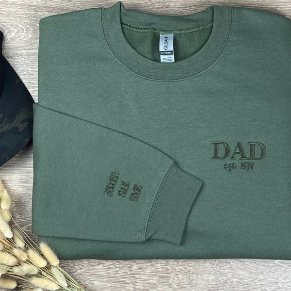 Custom Embroidered Dad Est Sweatshirt With Kids Names on Sleeve, Personalized Dad Gift, Gift For New Dad, Father's Day Gift, Dad To Be Gift