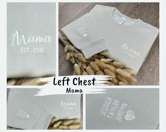 Custom Embroidered Mama Sweatshirt with Kids Names on Sleeve, Left Chest Design, Personalized Mother’s Day Gift, Minimalist Gift for Mom