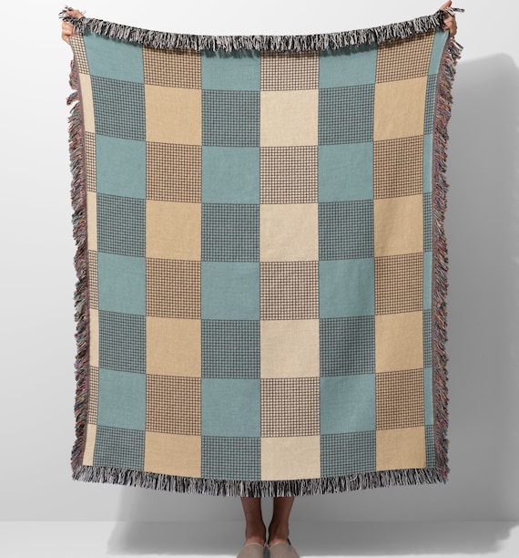 Blue Cream Checker Throw Blanket Modern Checkered Woven 