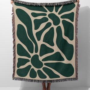 Green Matisse Inspired Throw Blanket | Modern Abstract Woven Blanket | Fringe Woven Tapestry Blanket | Boho Aesthetic Decor Throw Blanket