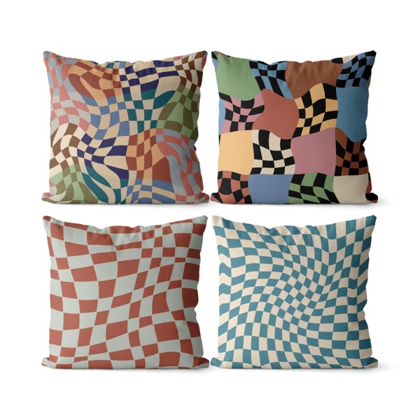 Retro Checkered Boho Pillow Cover, Mix & Match Pillow Decor, Boho Throw Pillow Cover Set, Checkerboard Pillow Combo, Scandi Pillow Covers