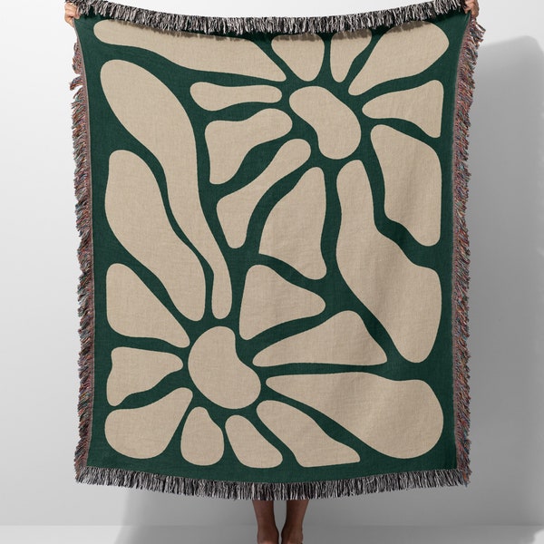 Couverture verte inspirée de Matisse | Couverture tissée abstraite moderne | Couverture de tapisserie tissée à franges | Décor esthétique Boho Plaid