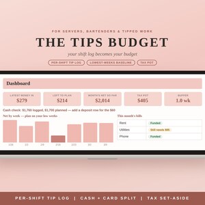 May include: A digital budget tracker interface titled The Tips Budget for servers and bartenders. The dashboard displays financial metrics including latest money in, tax pot, and a bar chart showing net income by week with a list of monthly bills.