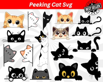 Silhouette di gatto che sbircia, clipart vettoriale SVG PNG (download digitale)