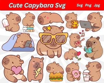 Cute Capybara SVG Bundle, Kawaii Clipart (Digital Download)