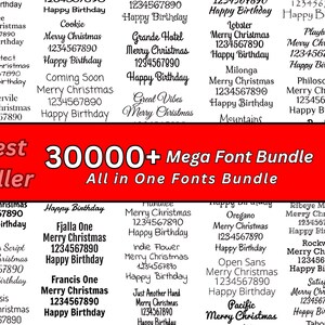 Pode incluir: Um gráfico vermelho e branco com o texto "Best Seller" e "30000+ Mega Font Bundle All in One Fonts Bundle". O gráfico apresenta uma lista de nomes de fontes com o texto "Merry Christmas" e "Happy Birthday" ao lado de cada nome de fonte.