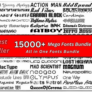 May include: A red and white banner with the text "Best Seller" and "15000+ Mega Fonts Bundle" in black text. The banner is surrounded by a collage of various font styles in black text on a white background.