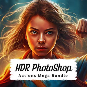 Può includere: Una donna con lunghi capelli biondi fluenti è mostrata con un'espressione determinata. Indossa un abito rosso e arancione e ha il pugno chiuso. Il testo "HDR Photoshop Actions Mega Bundle" è visualizzato su uno stendardo bianco.
