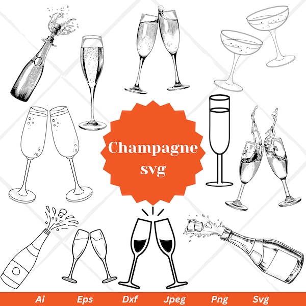 Bundle Svg champagne, Svg célébration, clipart Champagne, bouteille de Champagne Svg, Svg verre, flûtes à Champagne Svg, silhouette à Champagne