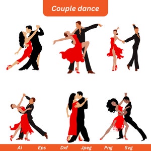 Könnte beinhalten: Sechs verschiedene Paare tanzen in Silhouette. Die Paare tragen alle rote Kleider und schwarze Anzüge. Das Wort "Couple dance" steht in Orange oben im Bild.