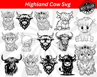 かわいいハイランド牛のSVGバンドル、動物クリップアート（デジタルダウンロード）