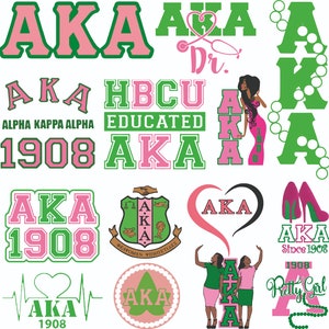 Peut inclure: Une collection de graphismes numériques représentant les lettres AKA en rose et vert, ainsi que les textes "Alpha Kappa Alpha", "HBCU Educated", "1908", "Dr.", "Since 1908", "Pretty Girl", et un cœur avec un stéthoscope. Les graphismes sont conçus pour être utilisés dans des projets numériques, tels que des publications sur les réseaux sociaux, des invitations et des designs de t-shirts.