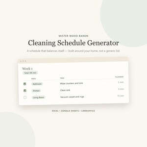 May include: A digital cleaning schedule generator by Mister Wood Baron. The interface displays a weekly task list with columns for area, task, and planned time in minutes. It includes checkboxes for tracking progress and is compatible with Excel, Google Sheets, and LibreOffice.