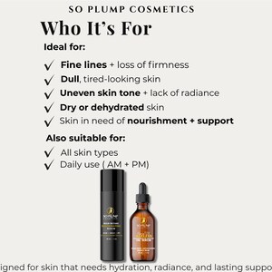 Puede incluir: Dos productos para el cuidado de la piel de So Plump Cosmetics se muestran sobre un fondo crema. Uno es un frasco negro con bomba, y el otro es un frasco de vidrio marr&oacute;n con cuentagotas. El texto enumera los beneficios de los productos.