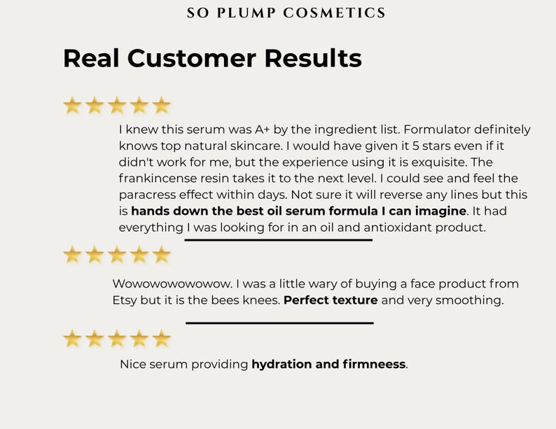 Puede incluir: Imagen gr&aacute;fica crema con el texto "SO PLUMP COSMETICS" y "Real Customer Results". Rese&ntilde;as de clientes con valoraciones por estrellas elogian la calidad, textura e hidrataci&oacute;n del s&eacute;rum. Las rese&ntilde;as destacan la efectividad del s&eacute;rum.