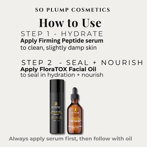 Puede incluir: Gu&iacute;a de uso de productos para el cuidado de la piel So Plump Cosmetics. La imagen muestra un frasco negro de suero Firming Peptide y un frasco marr&oacute;n de aceite facial FloraTOX. Instrucciones: aplicar el suero primero, luego el aceite para hidratar y nutrir.