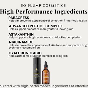 Puede incluir: Anuncio de SO PLUMP COSMETICS con una lista de ingredientes de alto rendimiento. El texto incluye PARACRESS, ADVANCED PEPTIDE COMPLEX, ASTAXANTHIN, NIACINAMIDE y HYALURONIC ACID. Se muestran dos frascos de cosm&eacute;ticos.