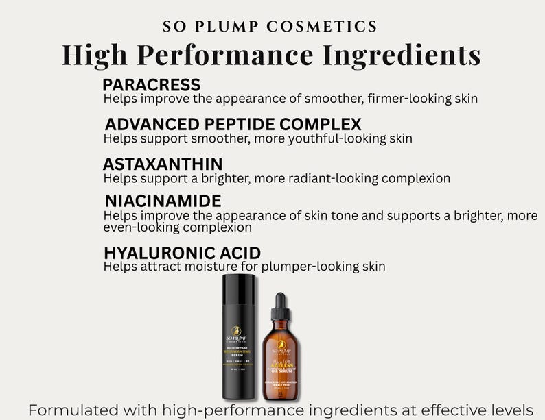 Puede incluir: Anuncio de SO PLUMP COSMETICS con una lista de ingredientes de alto rendimiento. El texto incluye PARACRESS, ADVANCED PEPTIDE COMPLEX, ASTAXANTHIN, NIACINAMIDE y HYALURONIC ACID. Se muestran dos frascos de cosm&eacute;ticos.