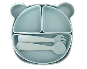 Silikon Saugteller Set mit Löffel und Gabel | Babyteller | BPA Frei