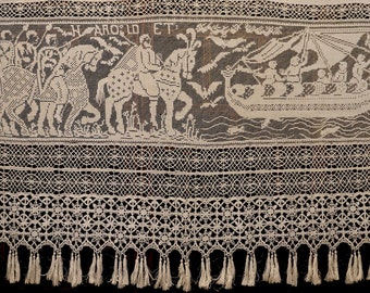 Very Rare! 1800s French Linen Lace, BAYEUX TAPESTRY Scene 31, Handmade Filet/Bobbin Lace, Figural/Horses/Vessel, Vintage & Antique Textiles