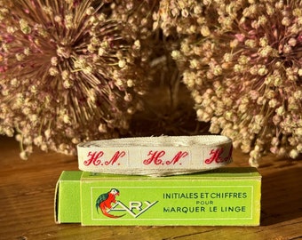 1920-1930s French Laundry Tape with Original Box, Initials Ribbon, Multiple Numbers Available, Personalized Gifts, Antique & Vintage Textile
