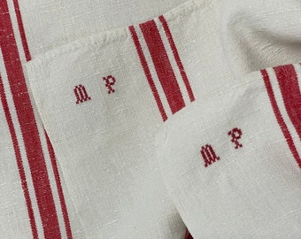 Antique French Linen Tea Towels (Set of 2): Red Stripes, MP Monogram