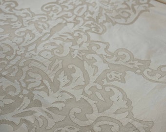 MASTERPIECE! Handmade Sicilian Window Curtain, Sfilato Siciliano, Warm Cream Linen, Baroque Pattern, Mid-1900s, Vintage & Antique Textiles