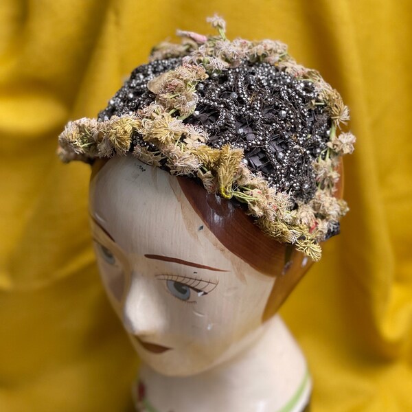 Very Rare! 1940s-1950s Vintage Beaded Fascinator, Millinery Flowers, Silver Beads, Handmade Structure, Brown Straw, Wildflowers, Women's Hat