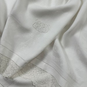 VERY FINE Antique Italian Linen Towel, Silky Damask Weaving, Handmade Filet Lace, EBD Monograms, Early 1900s, Antique & Vintage Textiles