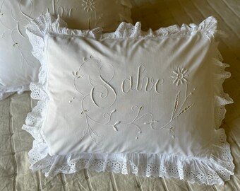 Pair (2) of Italian Handmade Pillowcases, Whitework Embroidery SALVE, Lace, Early 1900s, Inserts NOT INCLUDED, Antique & Vintage Textiles