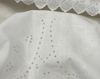 Antique HANDMADE Italian Bed Set | 2 Pillowcases + 1 Bed Sheet | Broderie Anglaise | AB Monograms | Pure Cotton | Vintage & Antique Textiles