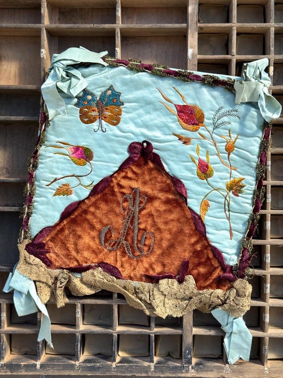 Antique French Boudoir Pouch | 1800s Embroidered Silk, Velvet and Goldwork | Victorian Keepsakes