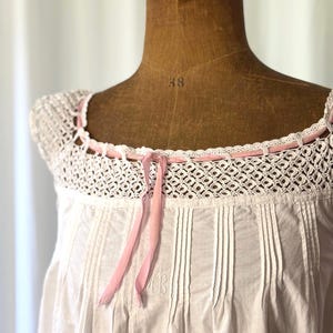 1870-1890s Italian Nightdress | Handmade Crochet Lace Yoke and Pink Velvet Ribbon | White Cotton | Summer Dress | Antique & Vintage Fashion