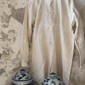 1840s-1870s Authentic French Chemise Tunic, Hand-spun Hand-woven Natural Linen, Handmade HJ Monograms, Long Shirt Smock, Antique Vintage Textile, Men Women Peasant Worker Workwear, Victorian Fashion, Farmhouse Summer Country Chic Dress, 19th century
