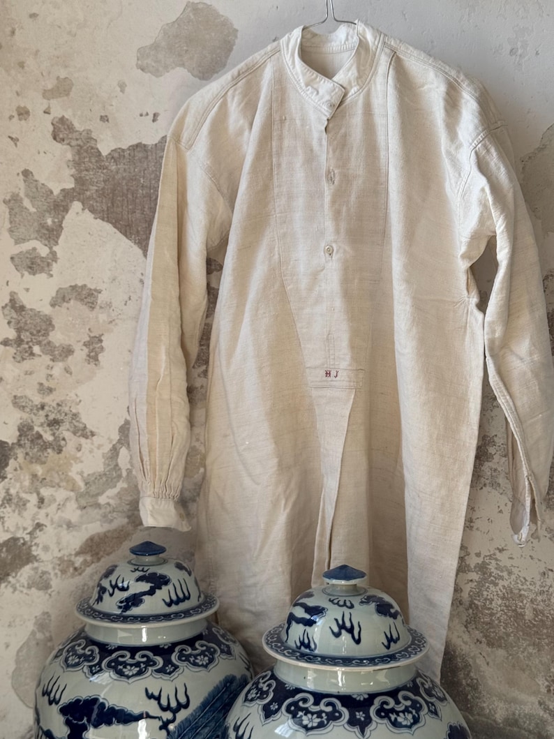 1840s-1870s Authentic French Chemise Tunic, Hand-spun Hand-woven Natural Linen, Handmade HJ Monograms, Long Shirt Smock, Antique Vintage Textile, Men Women Peasant Worker Workwear, Victorian Fashion, Farmhouse Summer Country Chic Dress, 19th century