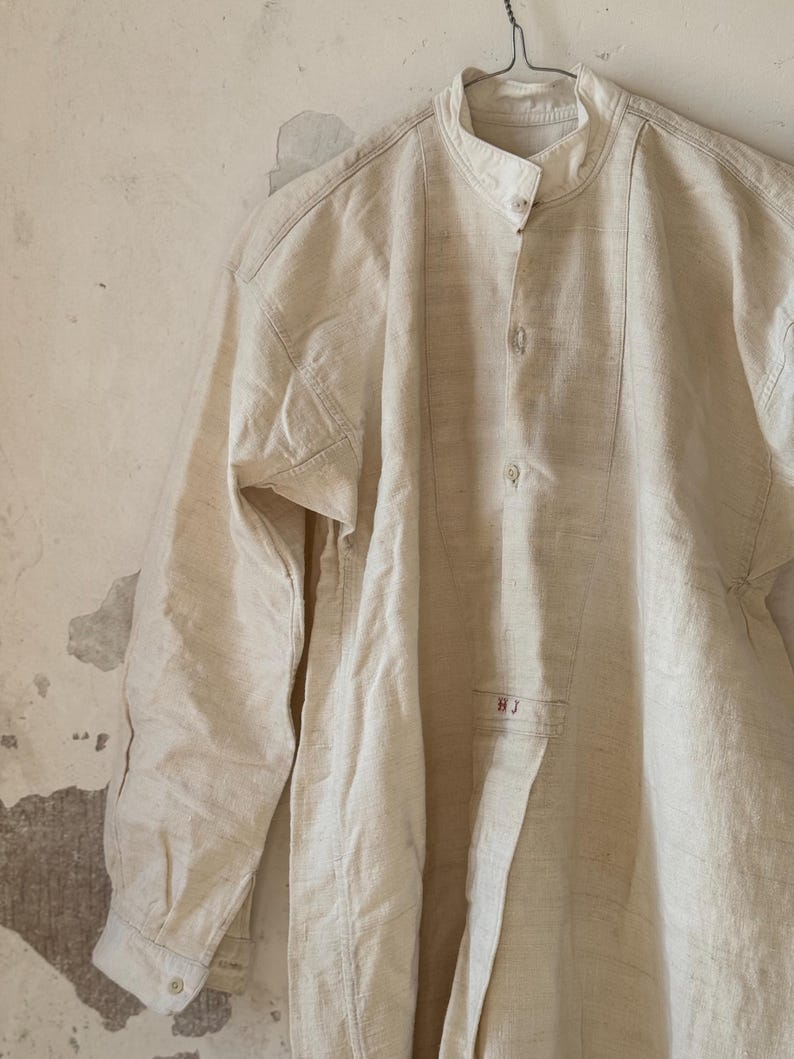 1840s-1870s Authentic French Chemise Tunic, Hand-spun Hand-woven Natural Linen, Handmade HJ Monograms, Long Shirt Smock, Antique Vintage Textile, Men Women Peasant Worker Workwear, Victorian Fashion, Farmhouse Summer Country Chic Dress, 19th century