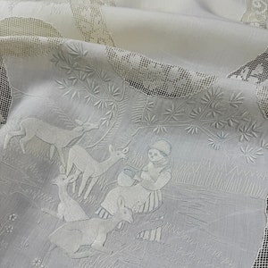 SUPERB! Appenzell Handmade Oval Round Table Runner, Center piece, Cream Butter Color Linen, Swiss Embroidery, Silk Thread, Early 1900s, Antique & Vintage Textiles Rural Countryside scenes figural human animals deers drawn-thread work